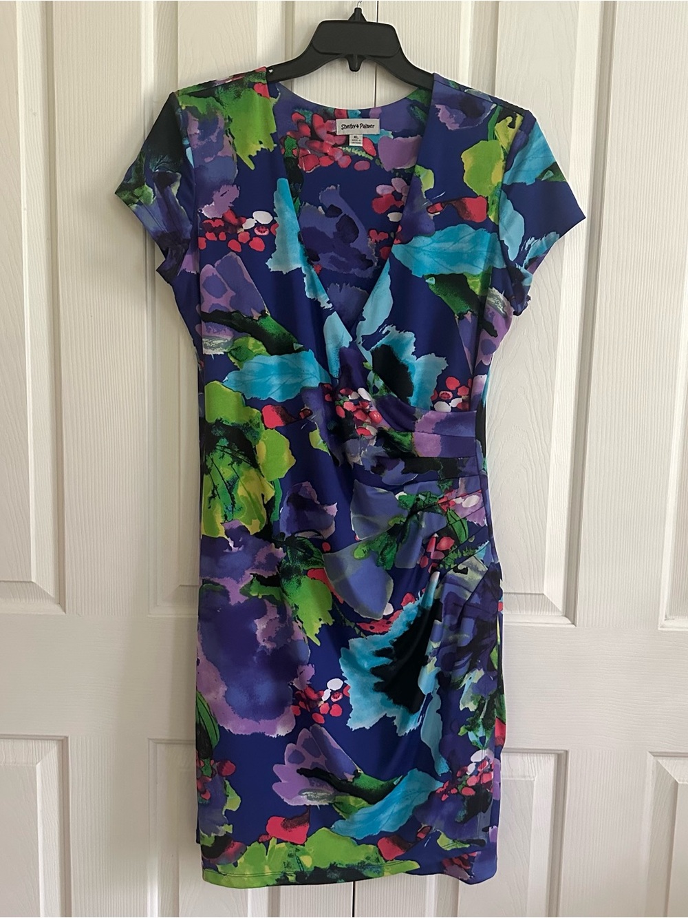 Shelby & Palmer Dress Purple Pink Blue Floral Cap Sleeve Faux Wrap Ruched XL - Picture 12 of 15